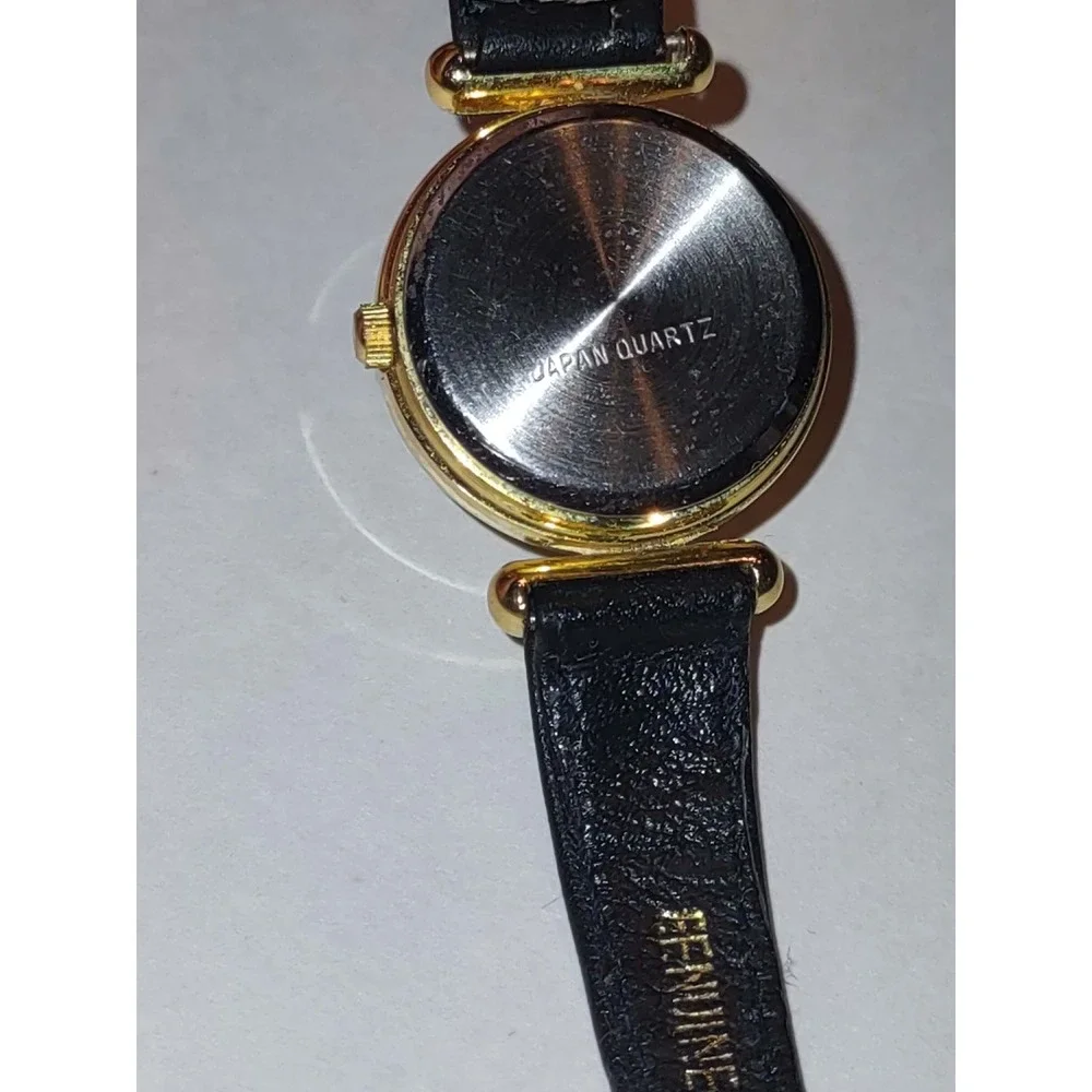 Bijin Japan Quartz Watch Womens Gold Tone Crystal Bezel Black Leather Strap